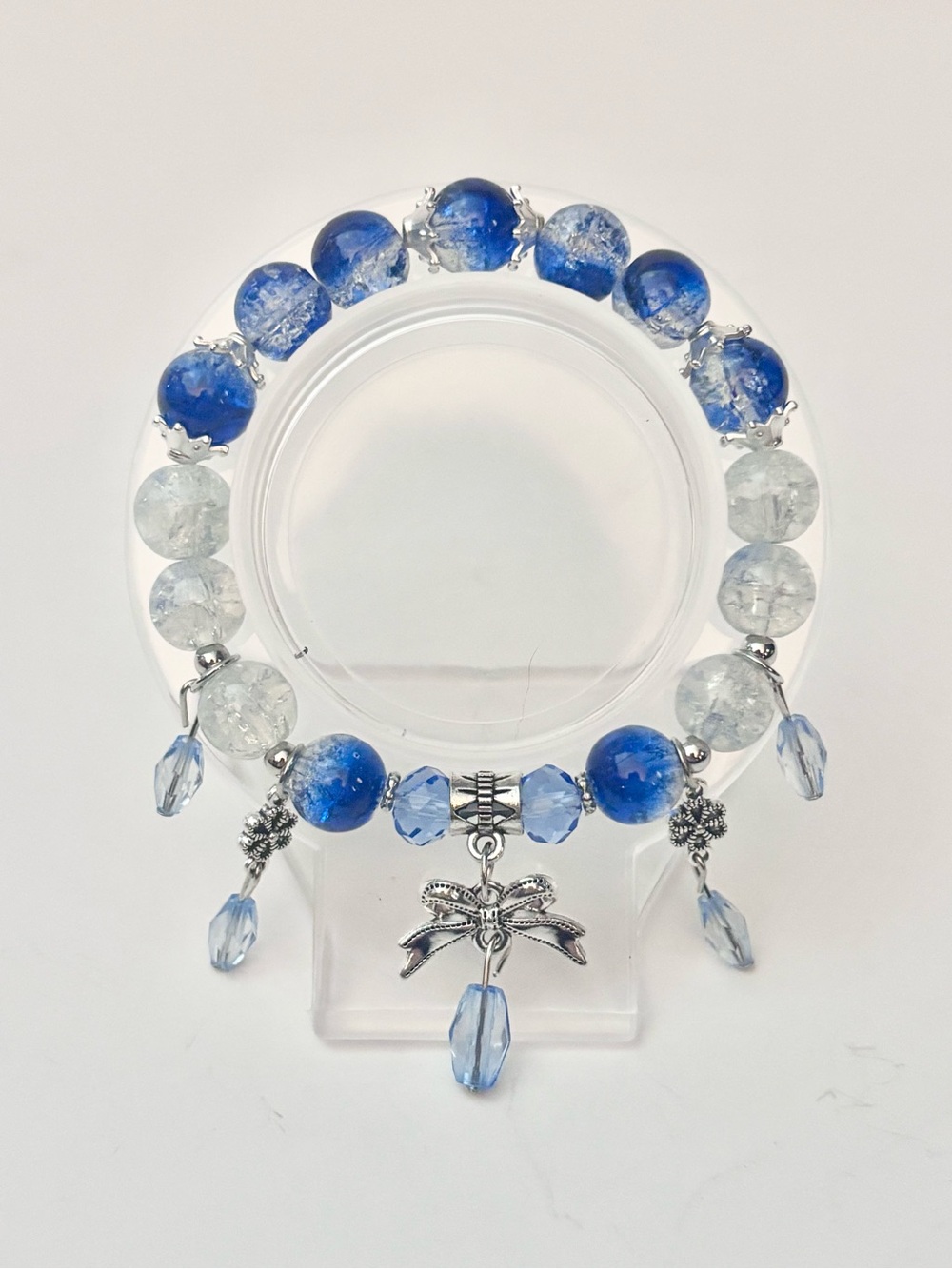 Handmade Blue Crystal Bead Charm Bracelet With Bow Charm
